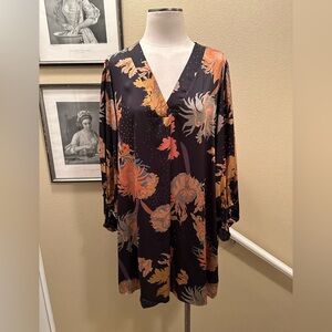 Jodifl black floral v neck large blouse tunic dress w gathered long sleeves